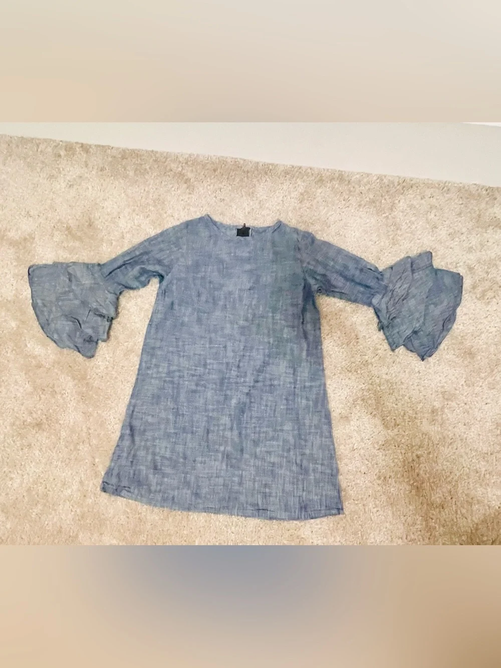 AT-U-N Girls 5-6Y Chambray Blue Cotton Ruffle Sleeve Dress Back to School